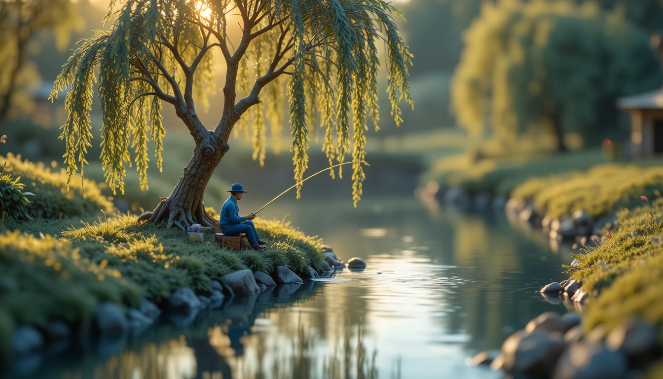 Pescador em miniatura à beira de um rio ensolarado numa tarde quente