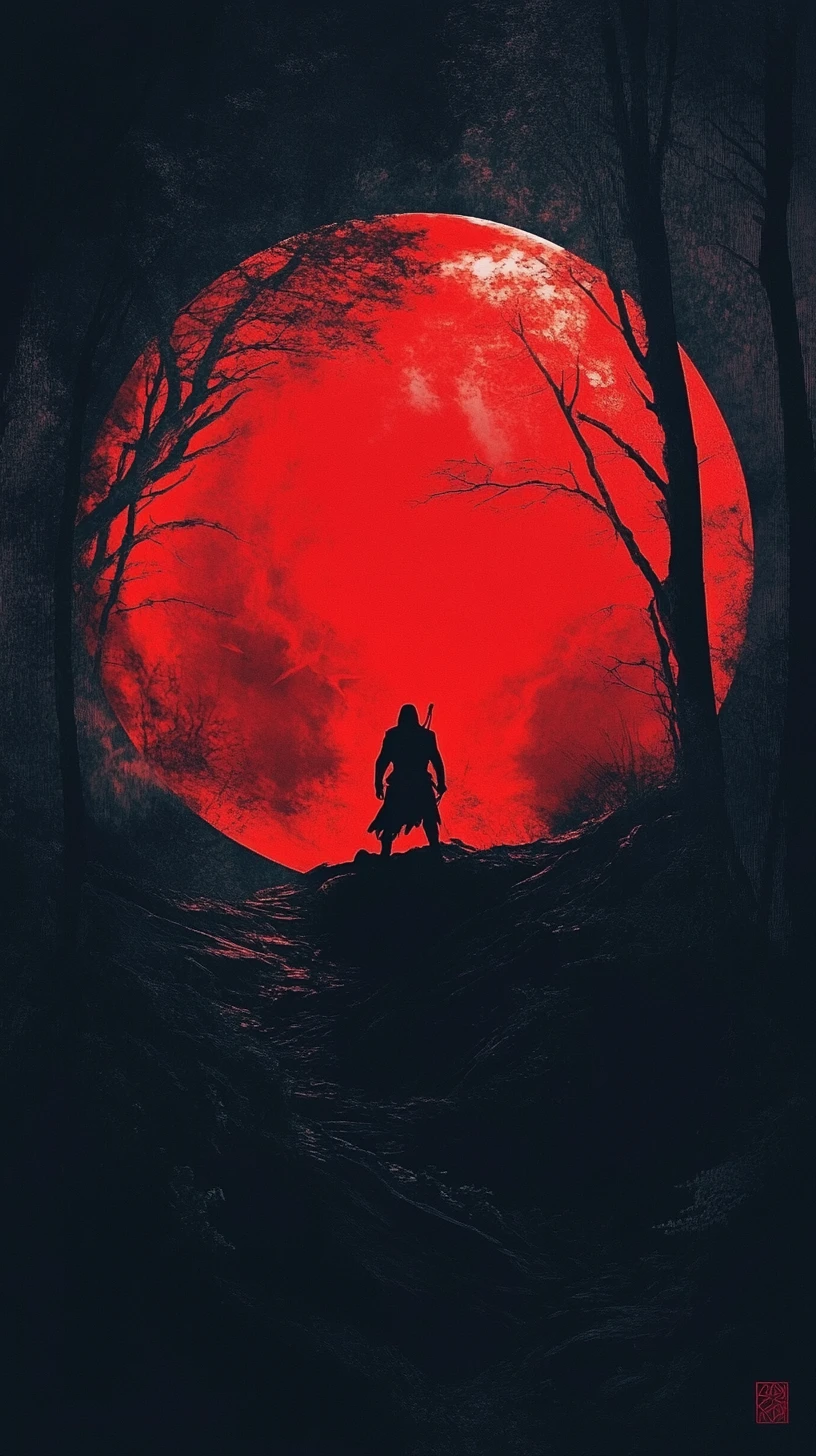 Silhueta surreal de lobo cercando um caçador solitário na floresta