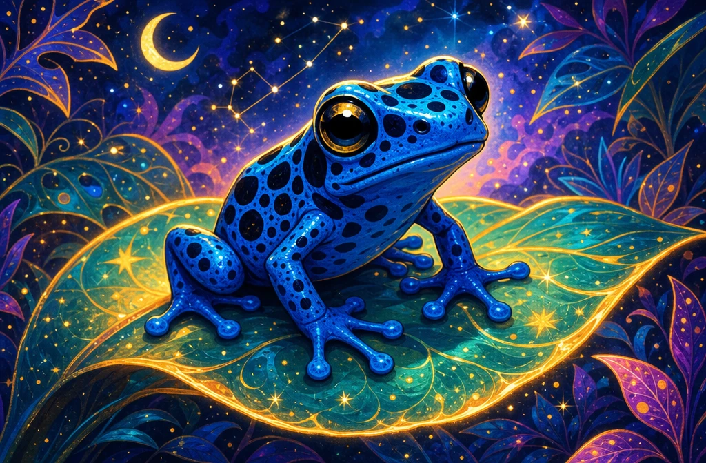 Ilustração de sapo‑venenoso azul brincalhão em uma folha brilhante