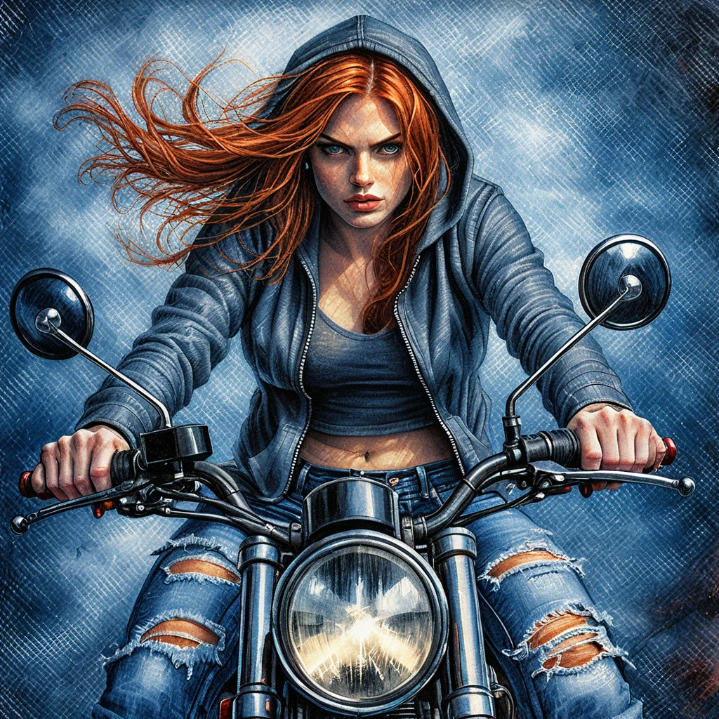 Mulher ruiva em motocicleta café racer em arte a lápis