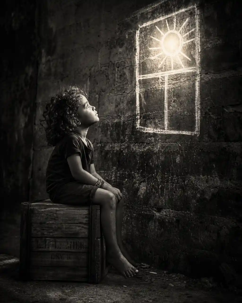 Child looking up at chalk window on brick wall