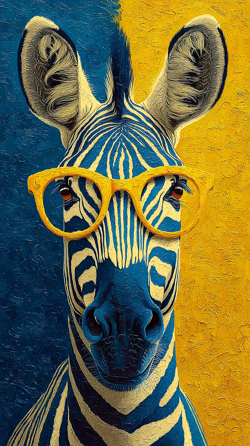 Zebra com óculos amarelos em uma sala de estar iluminada