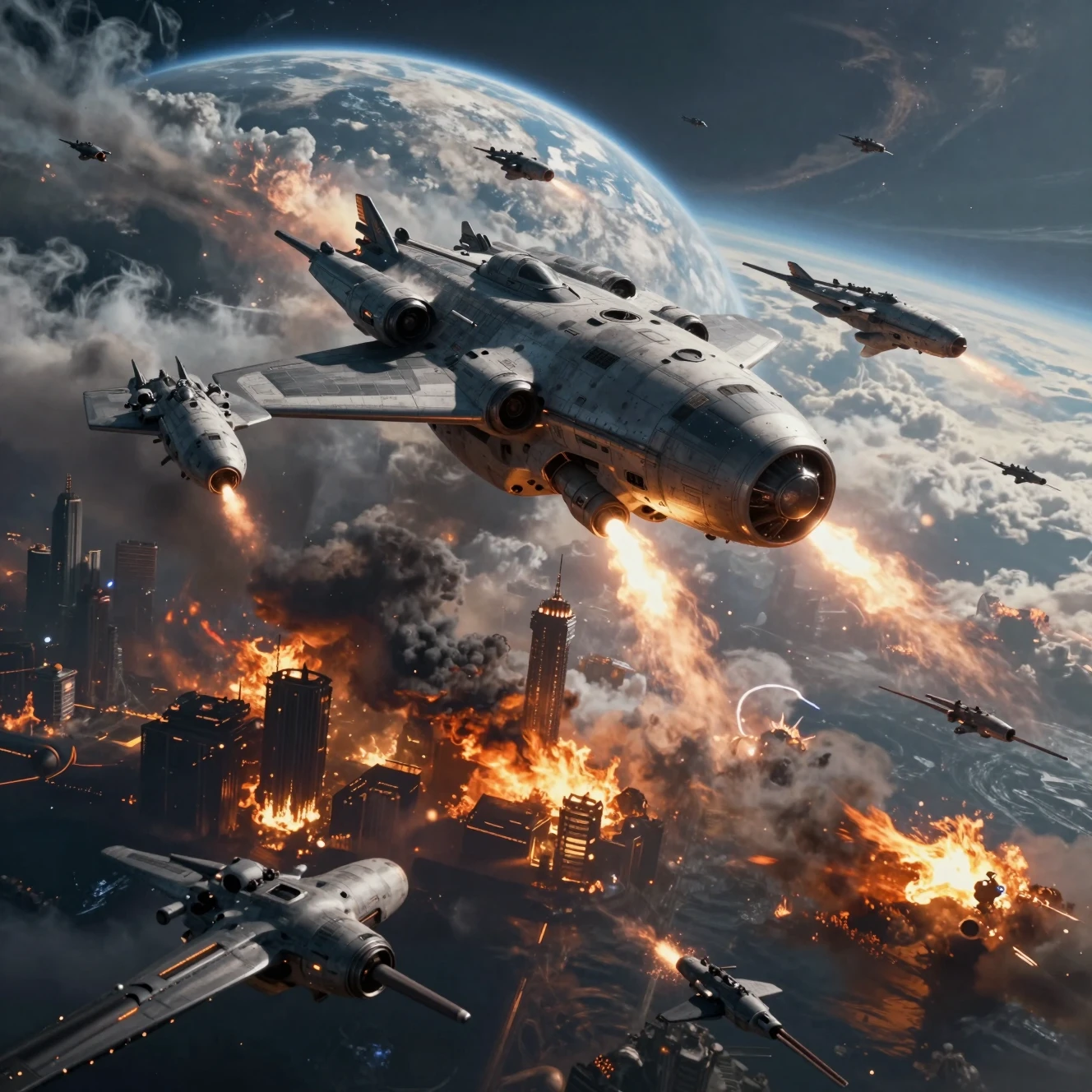 Kolossale Kriegsschiffe bombardieren einen belagerten Planeten aus dem Orbit