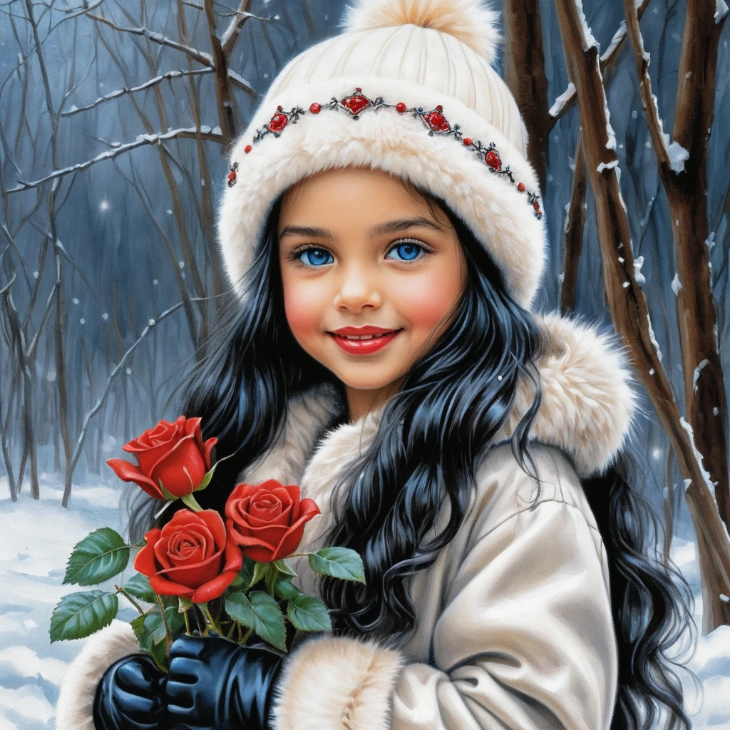 Menina de inverno sorridente com rosas e longos cabelos cacheados pretos