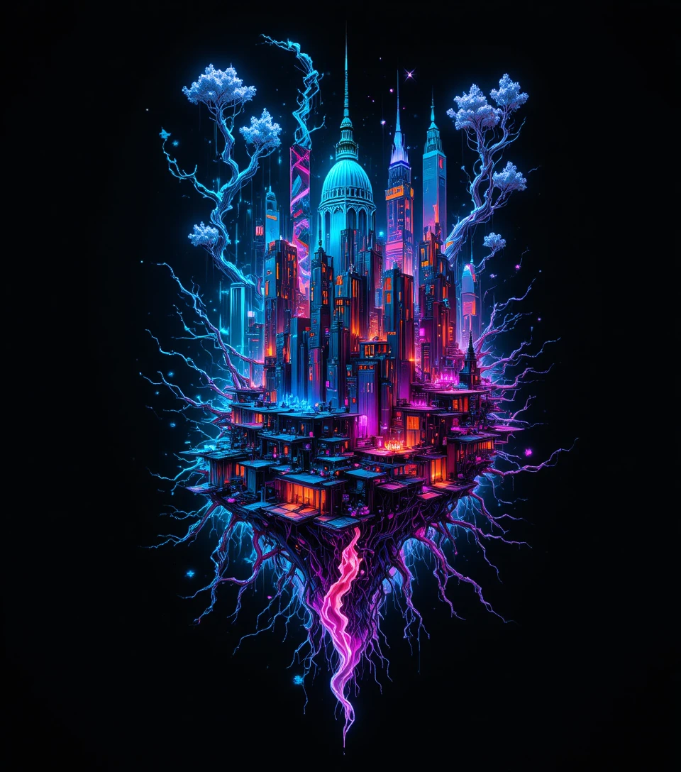 Neon-Myzelwurzeln über fragmentierten urbanen Symbolen