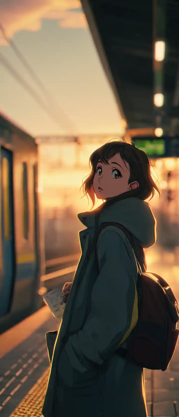 Anime woman alone on a deserted train platform at dusk