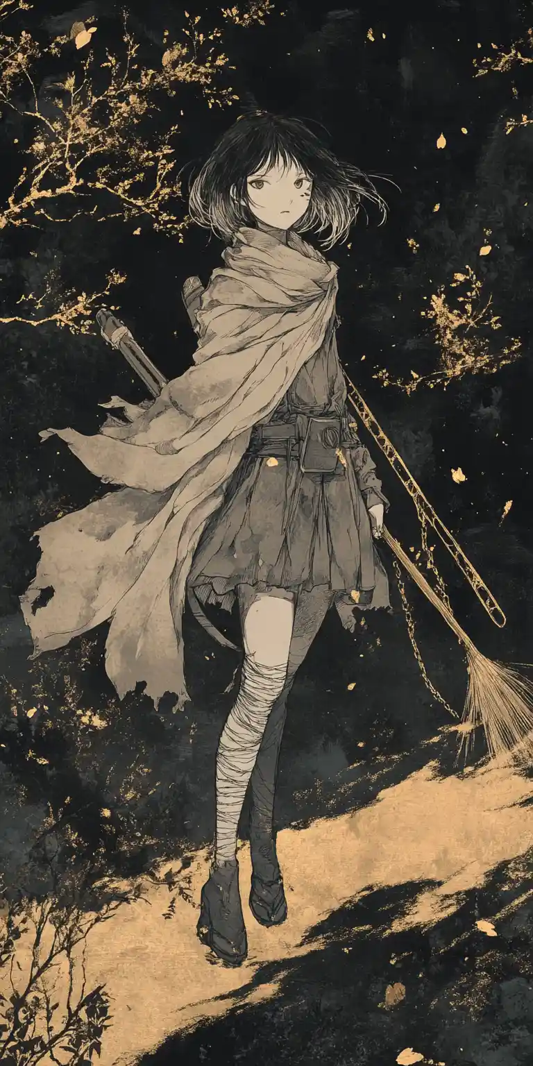 Fantasy girl in post apocalyptic ink painting sky scene