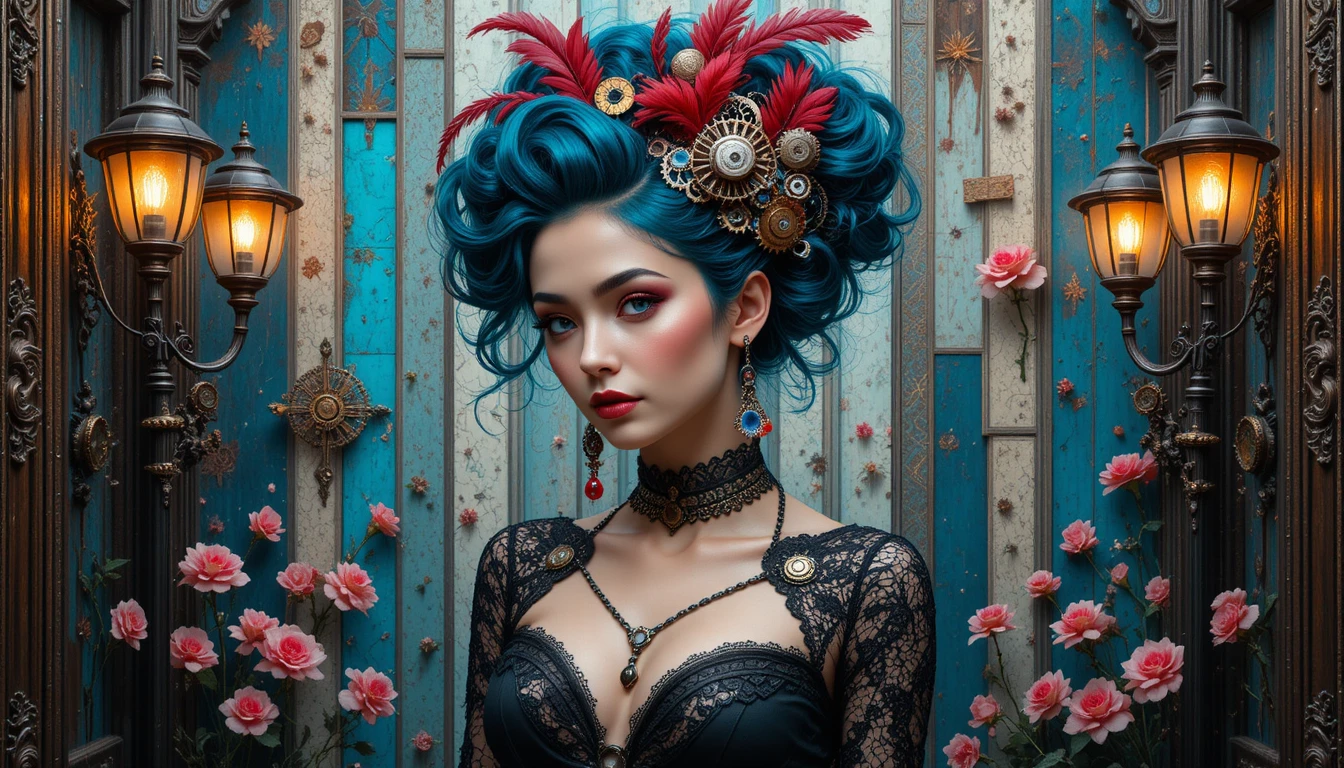 Femme steampunk aux cheveux bleu sarcelle et aux ornements mécaniques sophistiqués