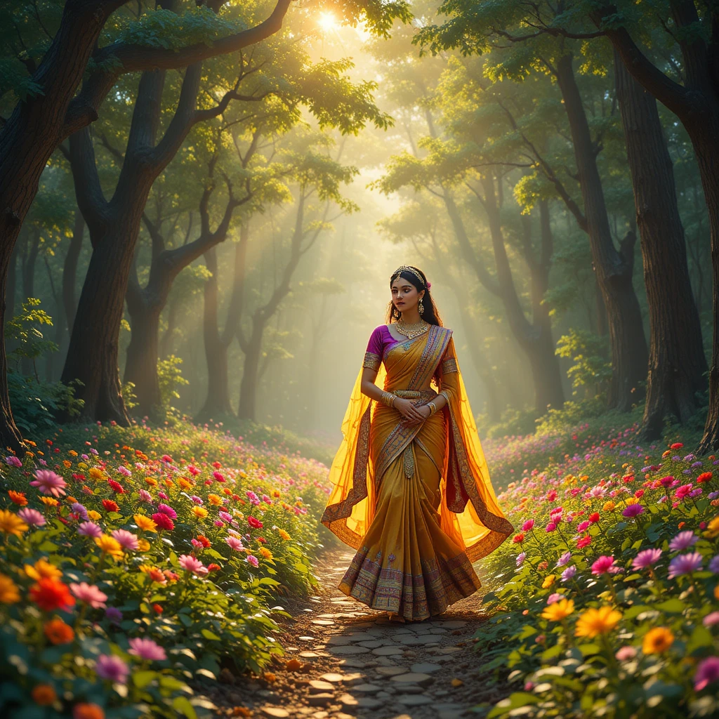 Radha caminhando com suas companheiras em uma floresta tranquila