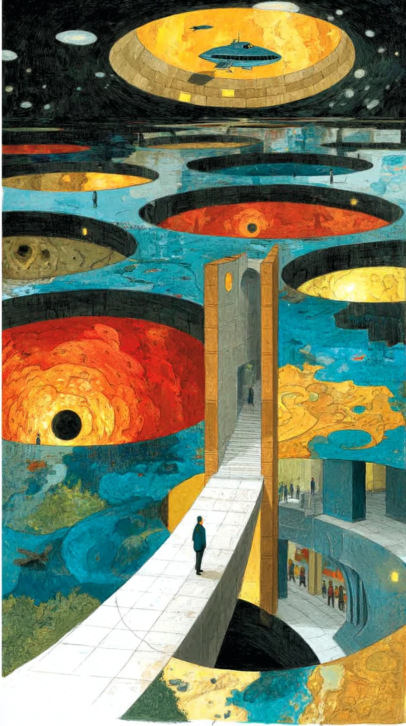 Nave espacial surreal que cruza dimensiones en un paisaje cósmico distorsionado