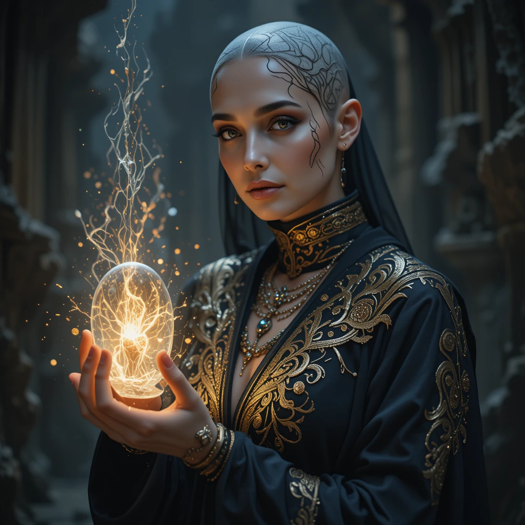 Mulher careca e tatuada segurando um artefato cristalino brilhante