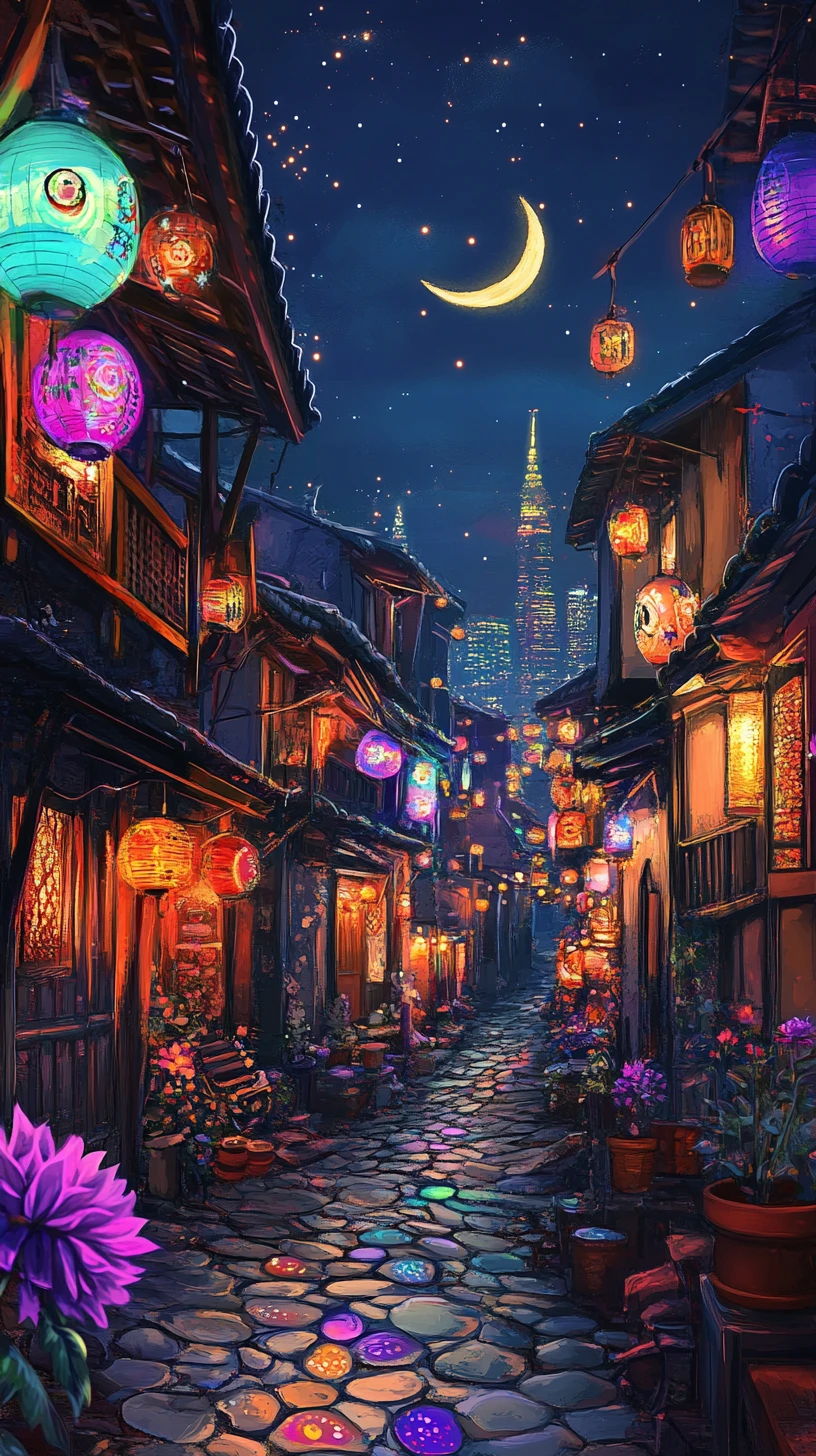 Beco asiático iluminado por lanternas psicodélicas à noite
