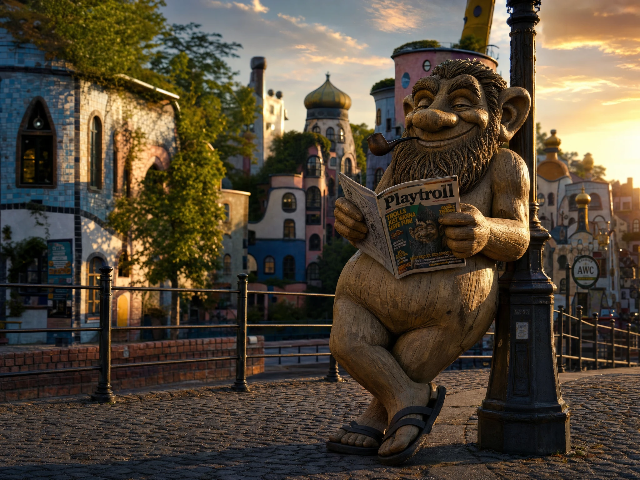 Troll de madeira relaxando encostado em um poste de rua ao pôr do sol