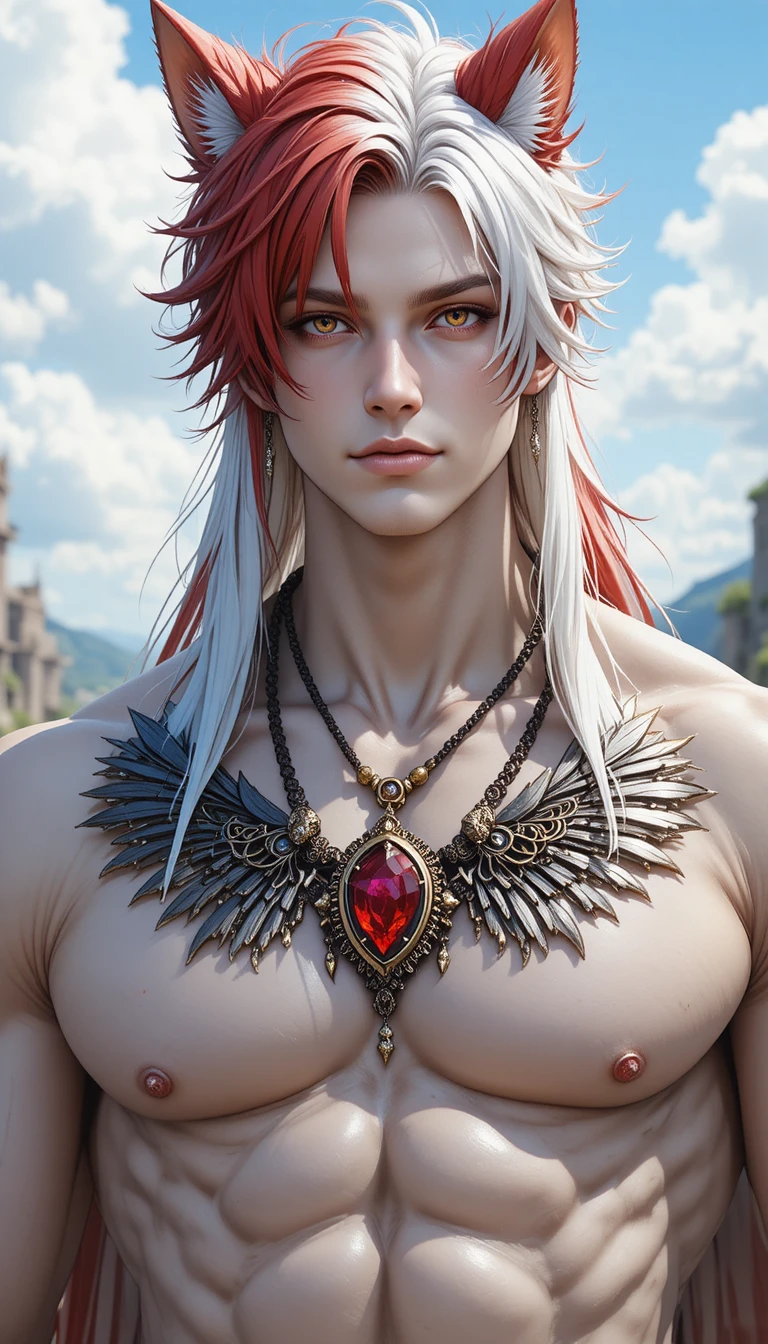 Homem de anime alto heterocromático com cabelo longo bicolor
