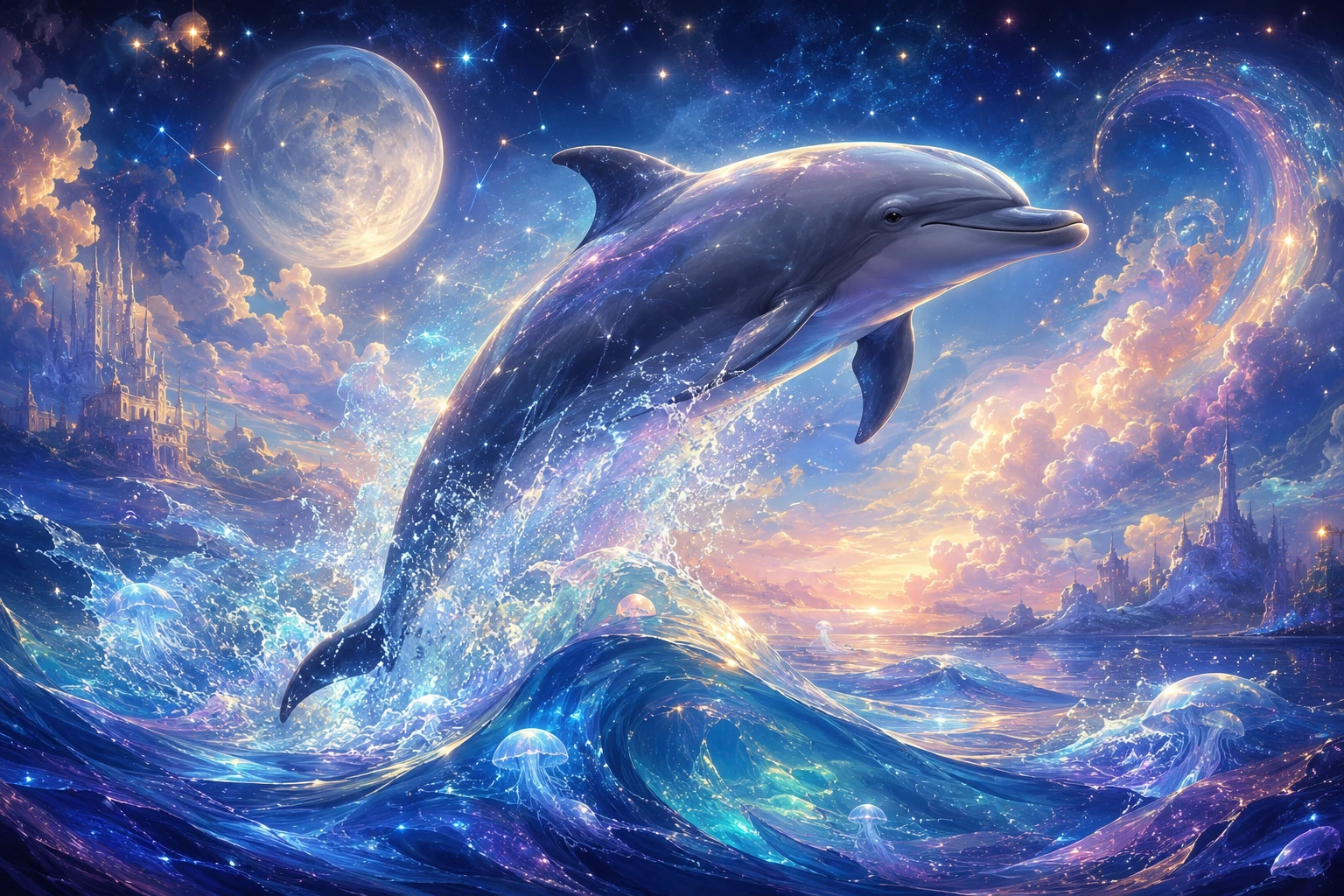 在發光波浪間優雅躍起的海豚