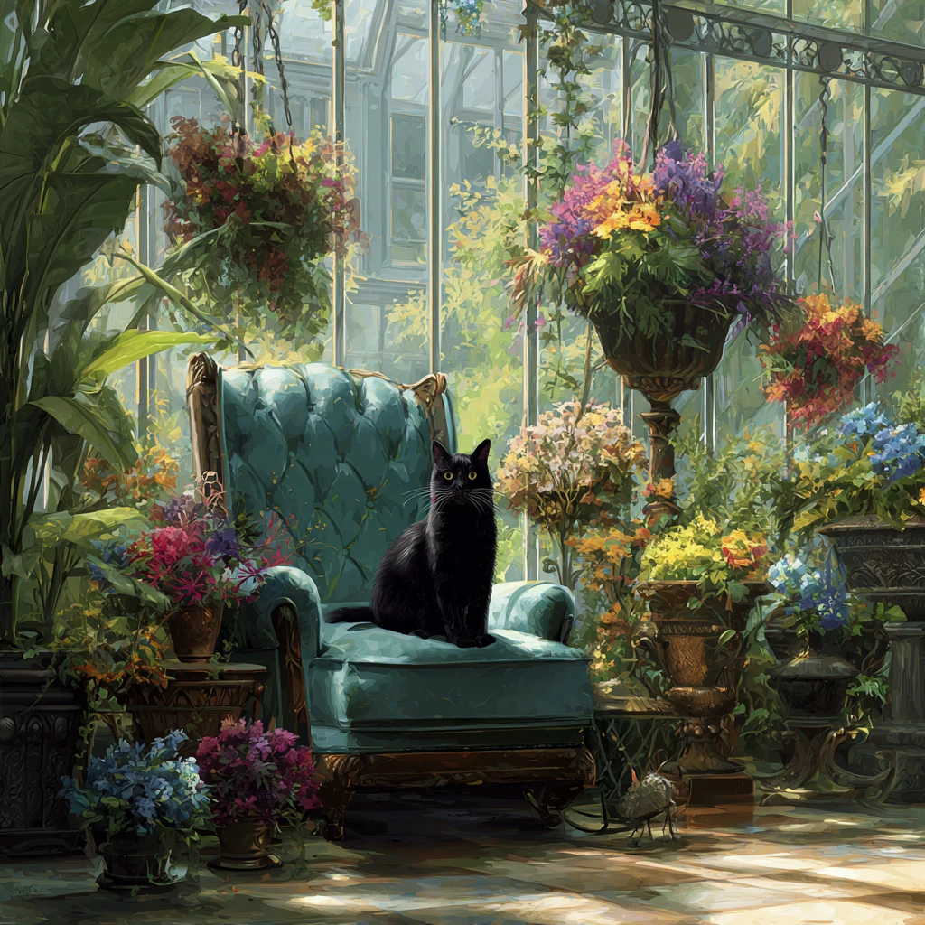 Gato majestoso em poltrona de veludo em uma estufa exuberante
