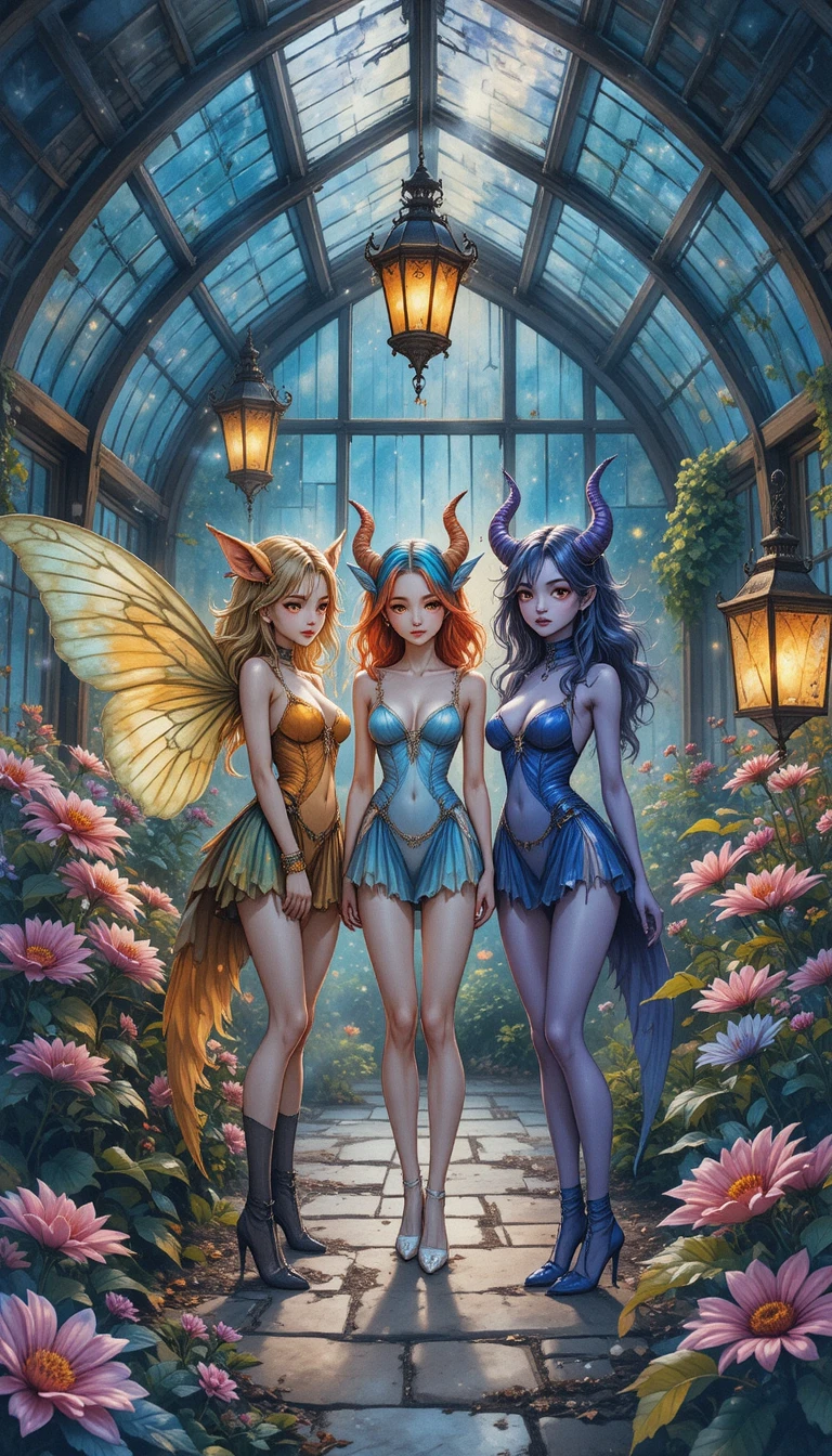 Garotas monstro em estufa brilhante à noite – ilustração