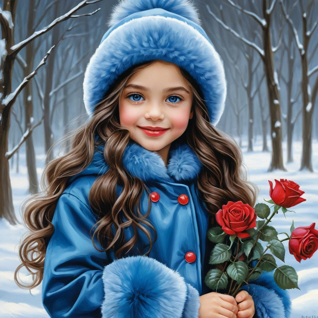 Fillette souriante en hiver avec des roses dans une tenue en fourrure bleue