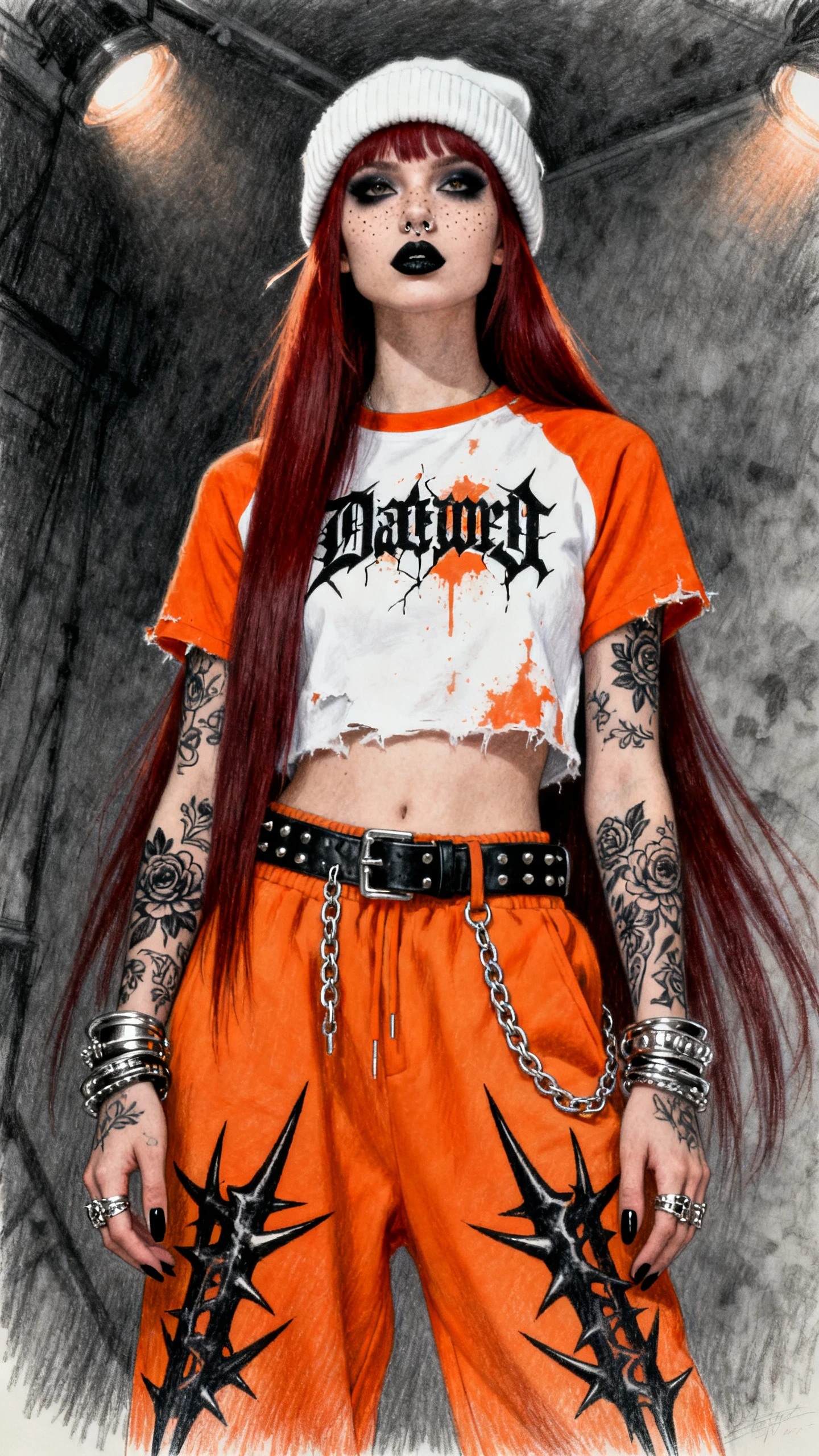 Donna gotica in streetwear arancione con lunghi capelli rossi