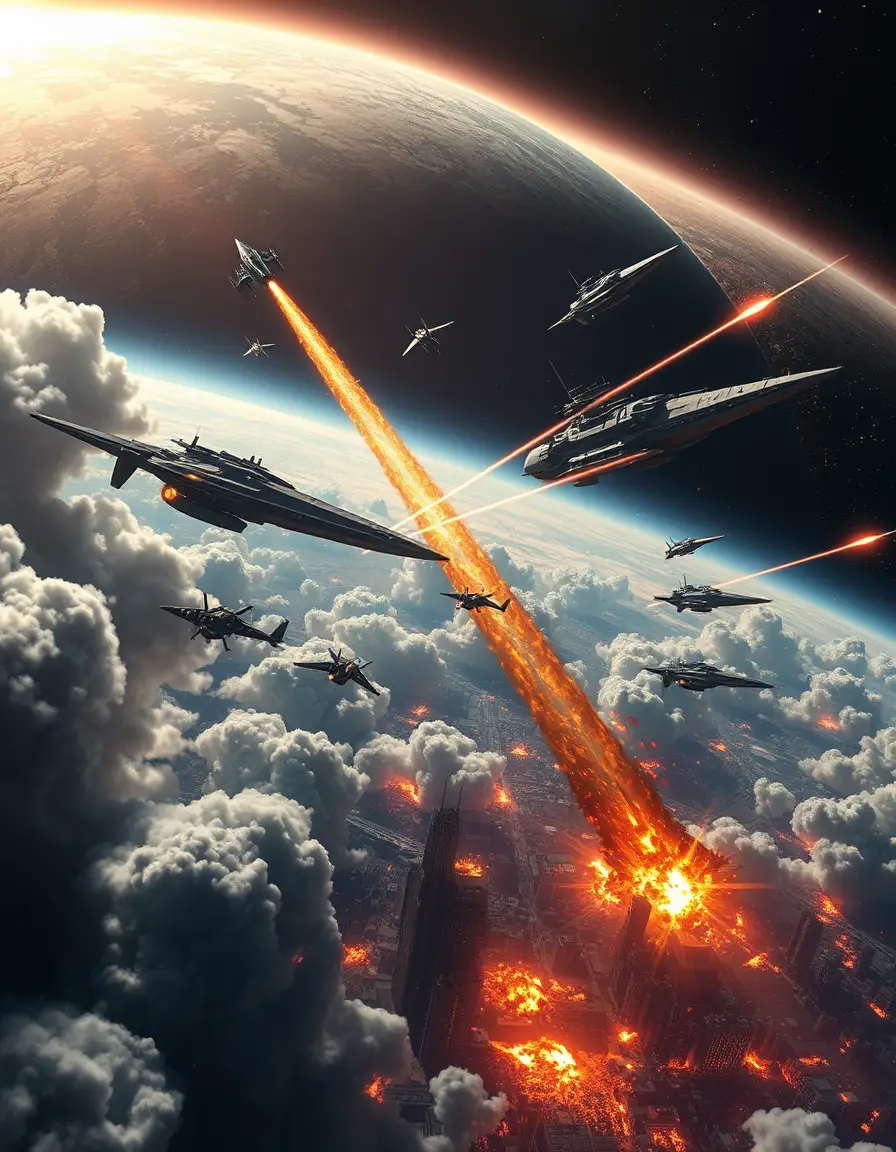巨大戦艦と燃え上がる都市による惑星侵攻