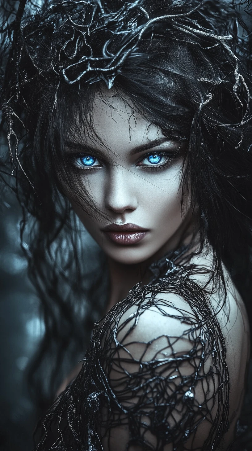 Mulher mística com olhos azuis luminosos e cabelo metálico selvagem