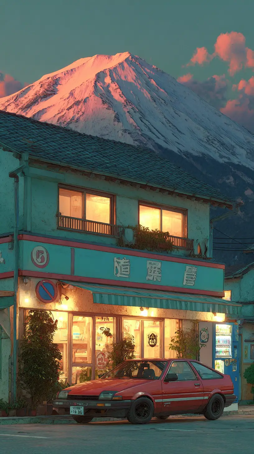 黃昏山景下豆腐店前的動漫車
