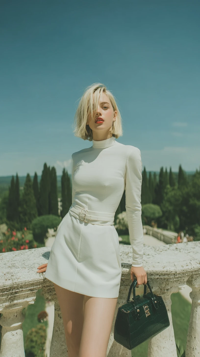 Mulher loira elegante posando ao ar livre com vestido branco curto