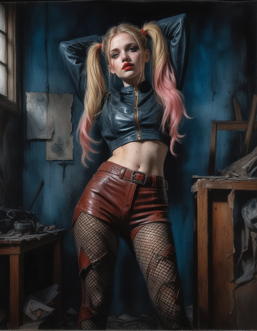 Mulher em roupa de couro sob feixe dramático de luar