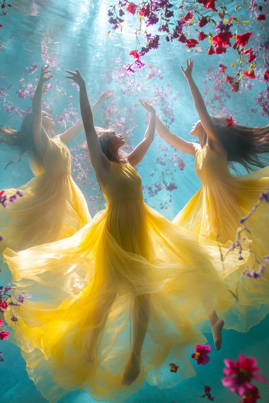 Danseuses contemporaines en robes jaunes fluides avec des fleurs
