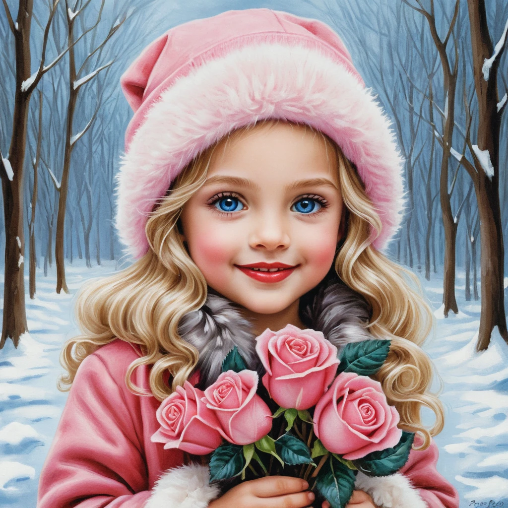 Fille d’hiver souriante avec des roses, bonnet rose et manteau en fourrure