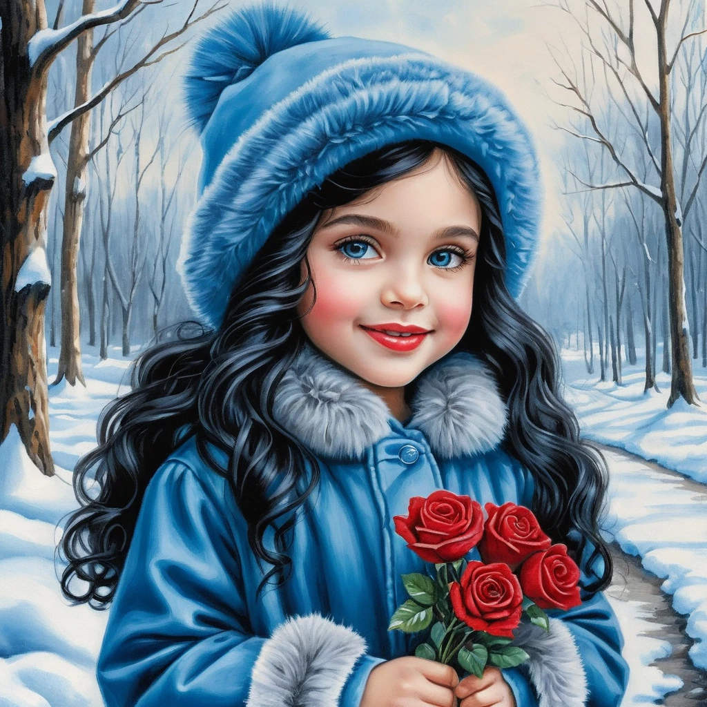 Menina sorridente de inverno com rosas e chapéu de pele azul