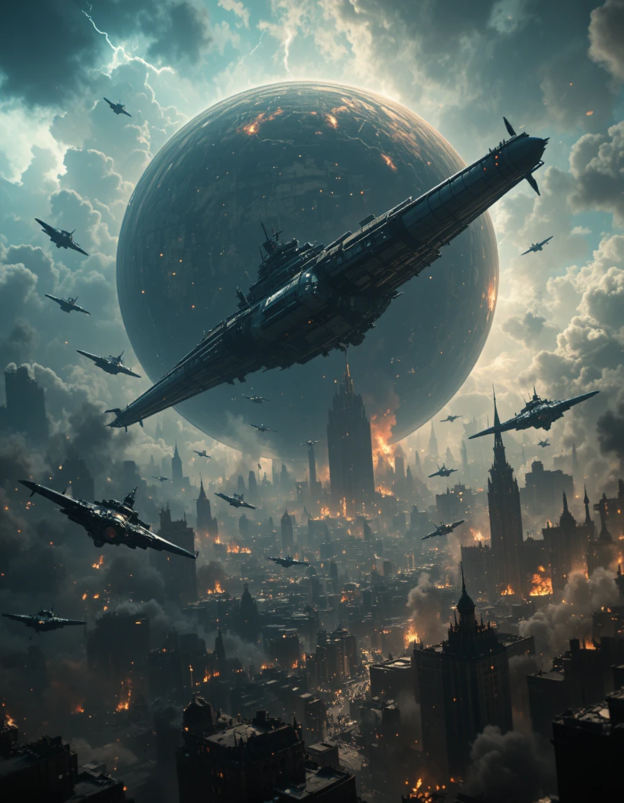 Colossais naves de guerra bombardeiam um planeta sitiado a partir da órbita
