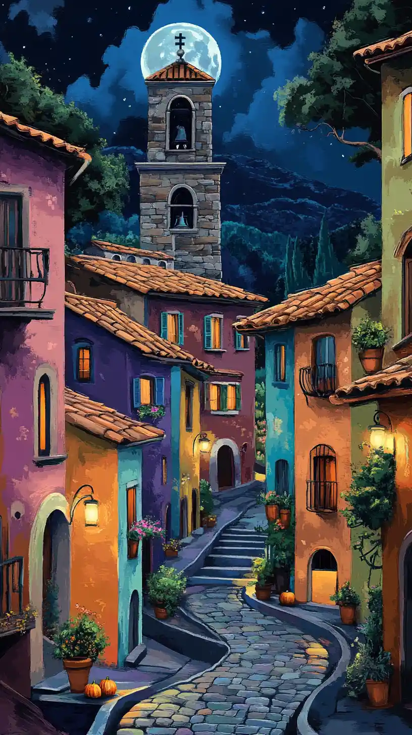 Colorful European village street at night with bell tower