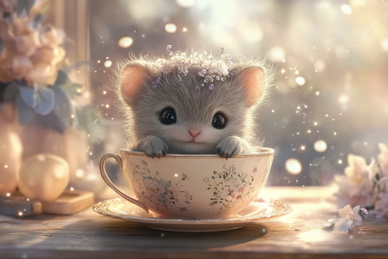 Dolce cucciolo di quokka in una tazza da tè vintage in una cucina accogliente