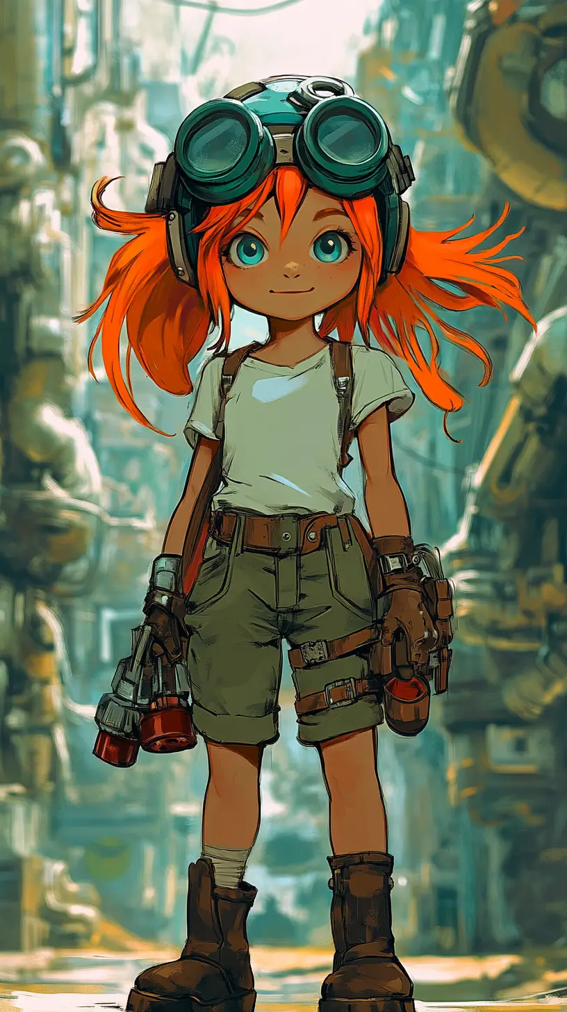 Steampunk anime girl explorer in a dusty industrial city