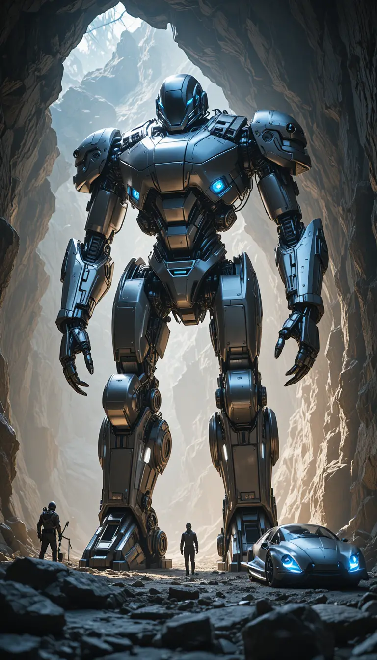 Gigantesque robot d’acier futuriste traversant un tunnel rocheux