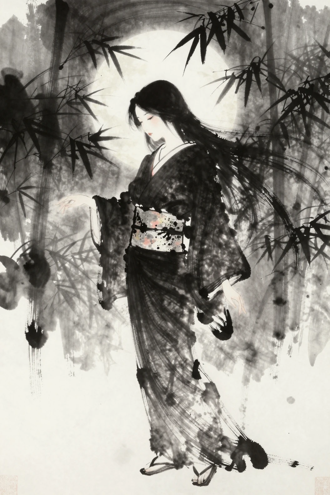Mulher elegante em nanquim diante de um bosque de bambu ao luar