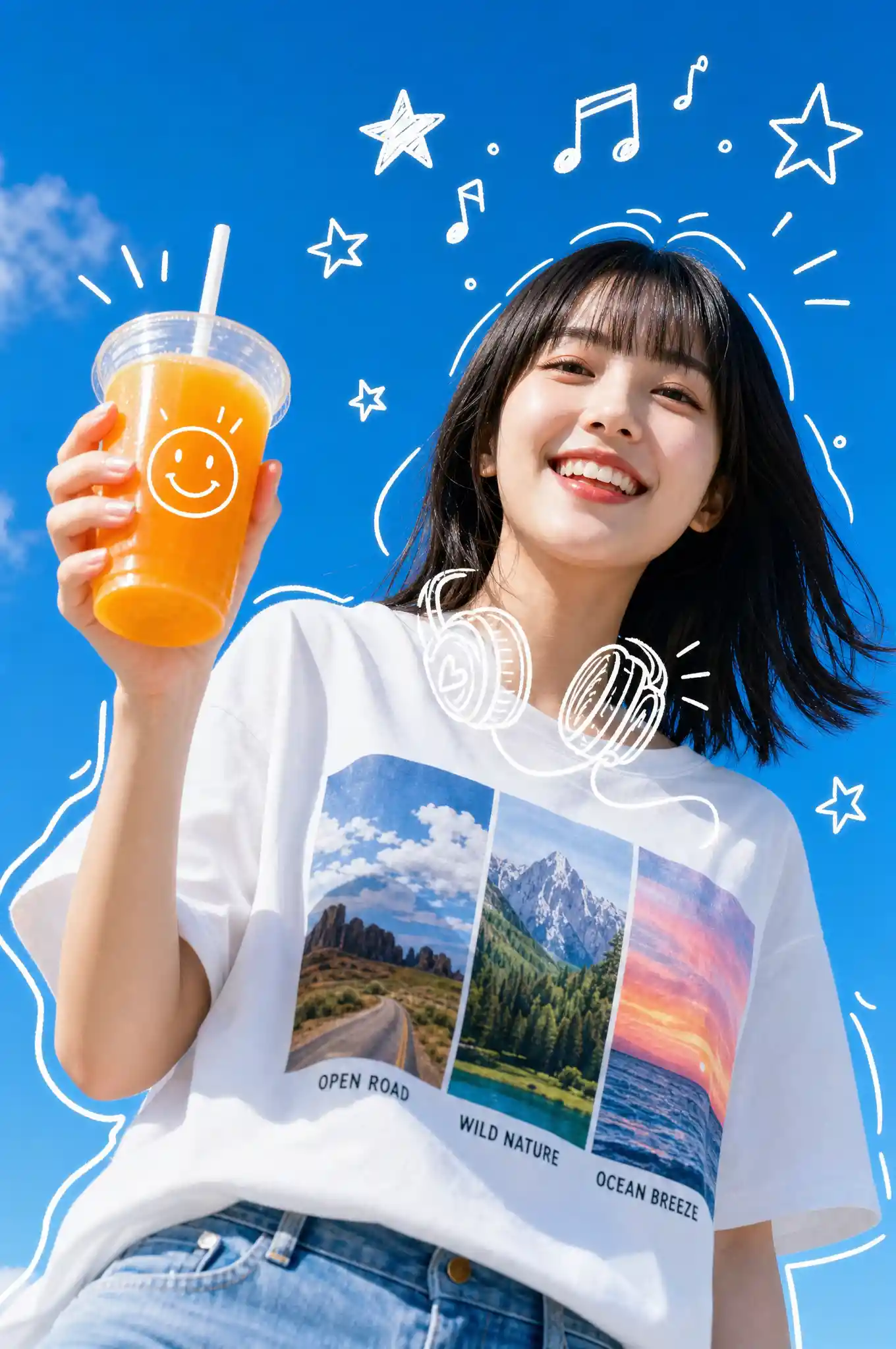 Joyful young woman lifting orange juice under blue sky