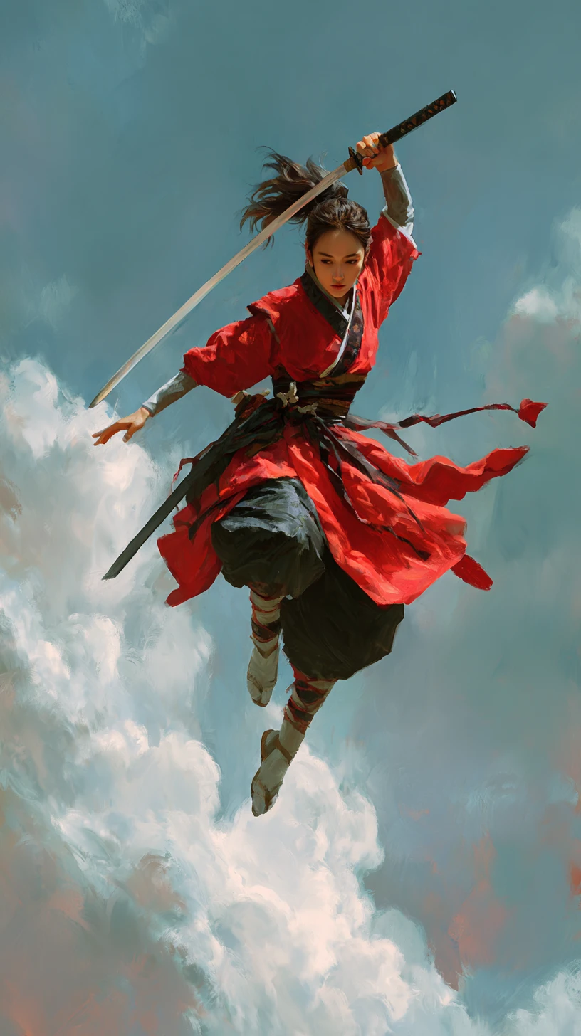 Woman warrior flying through the air with sword