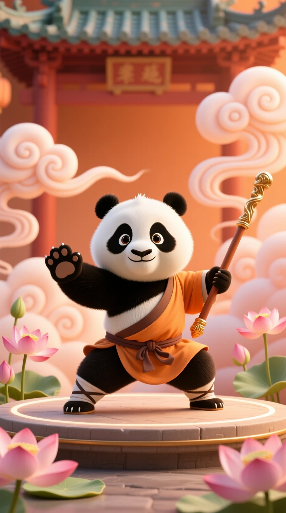 Playful kung fu panda posing on temple platform