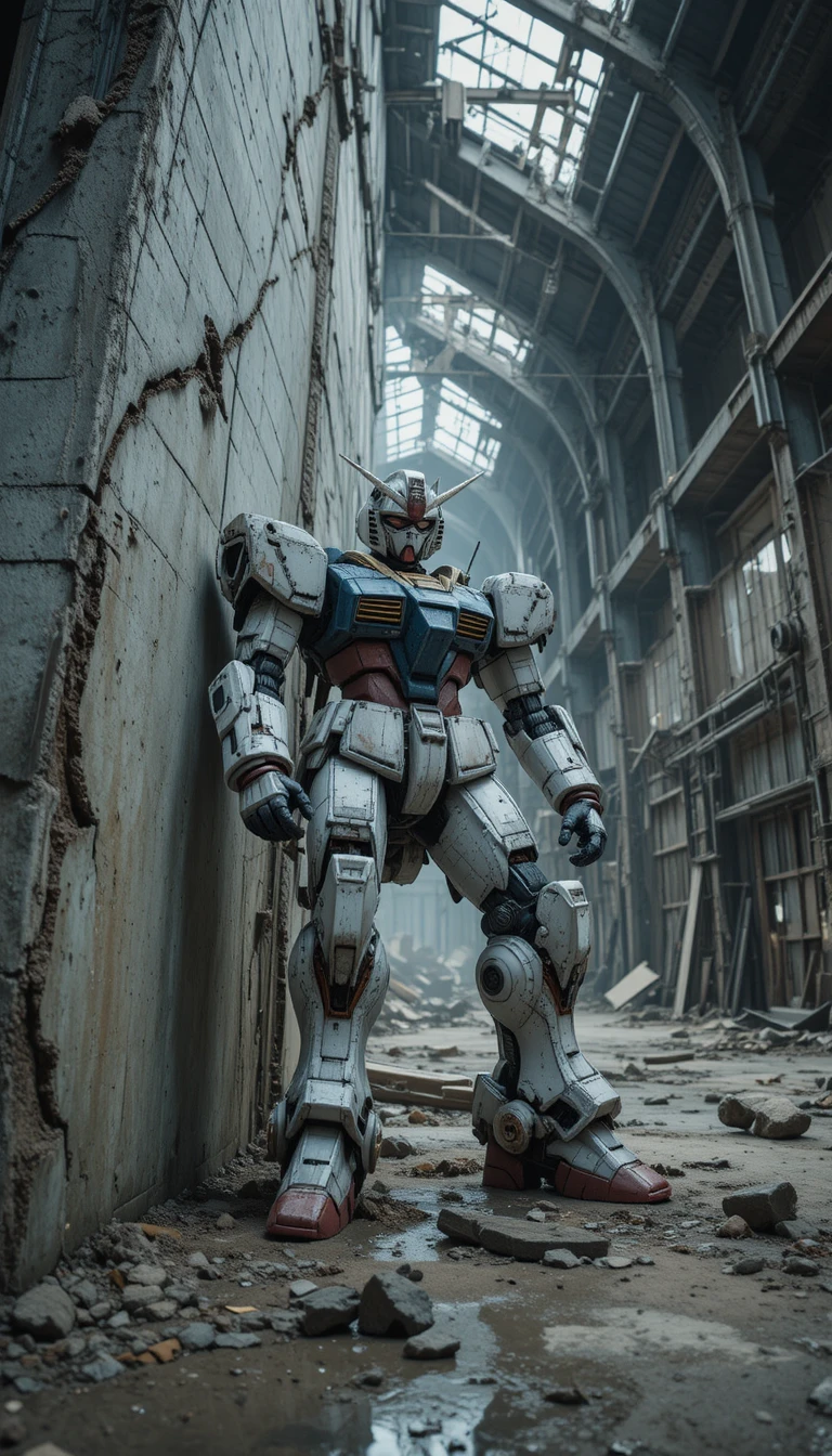 Mecha cinematográfico en contrapicado en interior industrial en ruinas