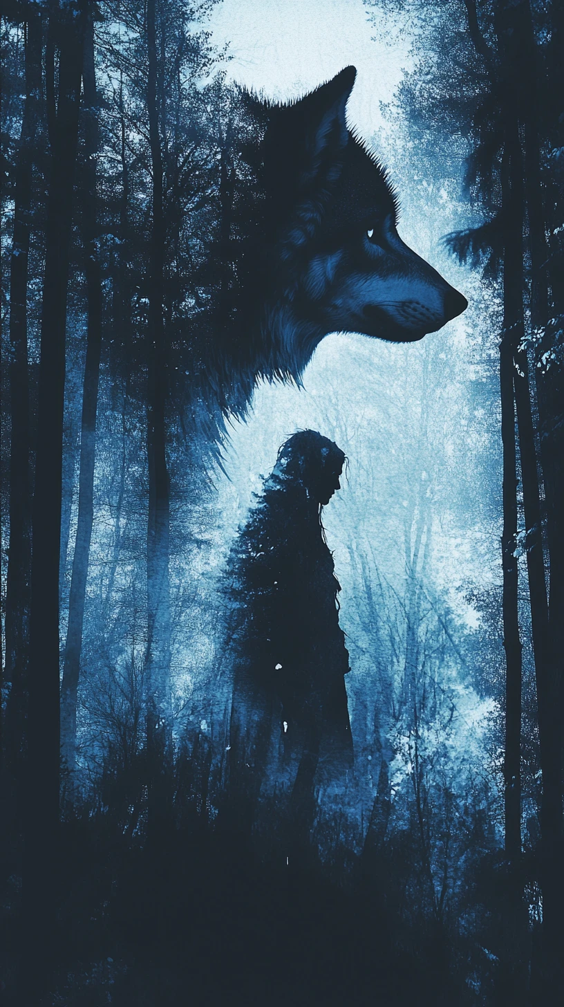 Silhueta de lobo e humano se fundindo em floresta dividida