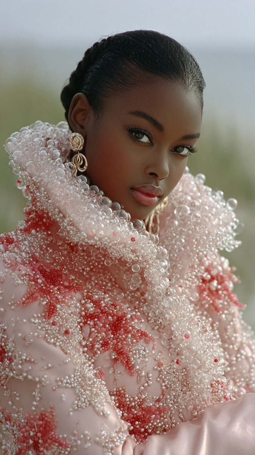 Femme noire en manteau d’opéra rose sculptural tenant des bulles