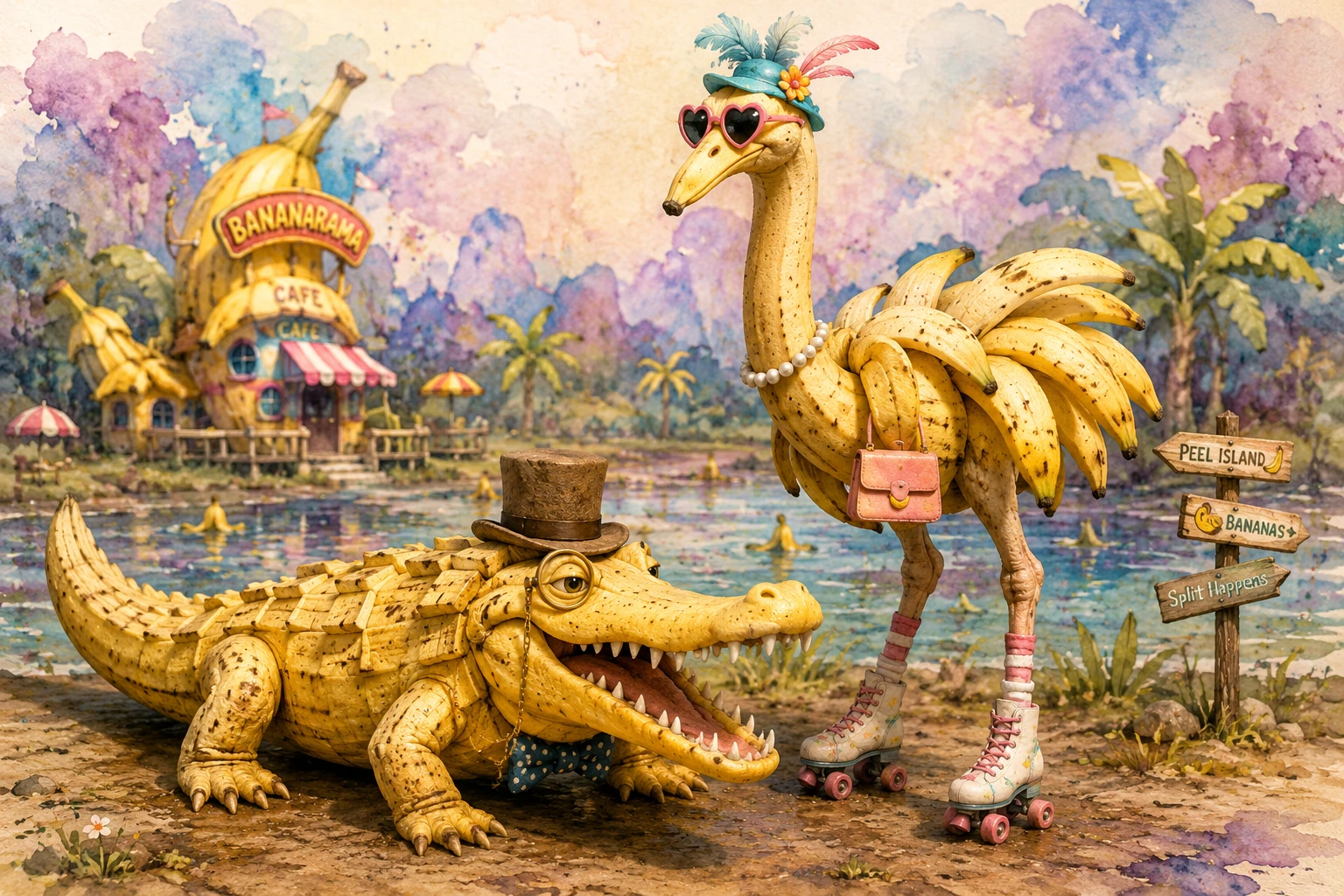 Animaux Banane 3D Insolites dans un Monde Aquarelle Surréaliste