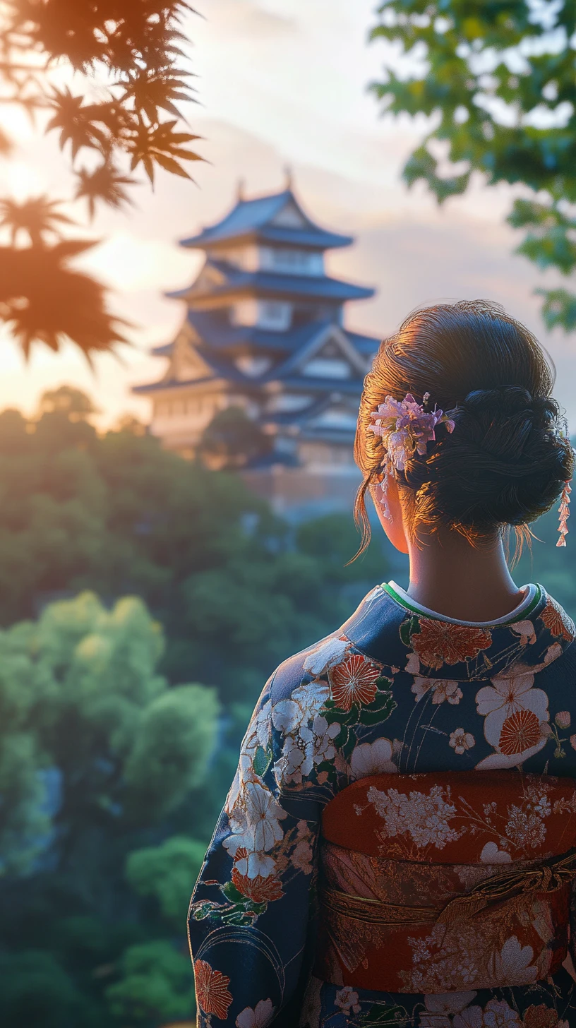 Sposa moderna in kimono giapponese davanti a un morbido sfondo di castello