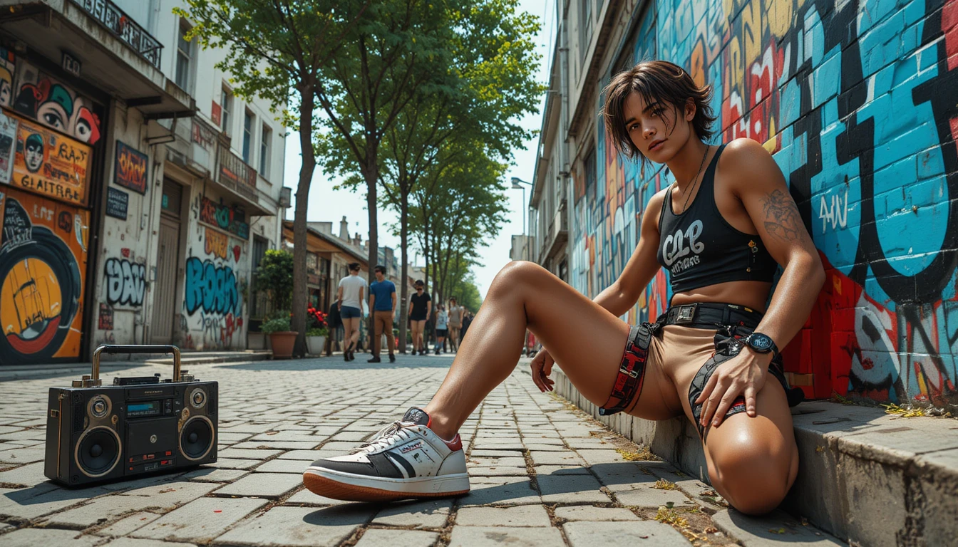 Garoto com skate no meio-fio ensolarado de um bairro suburbano