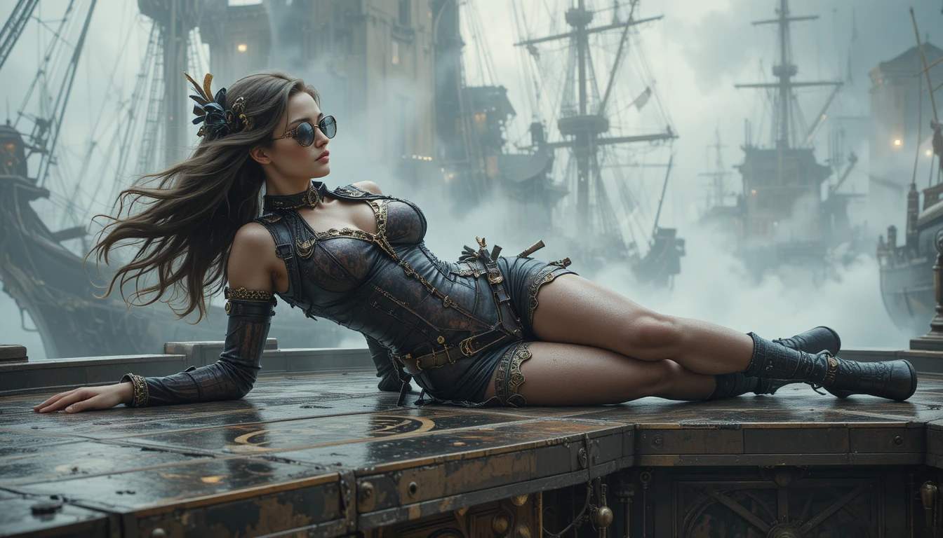 Surreale Steampunk-Königin, die auf einem navigatorischen Tisch aus Messing liegt