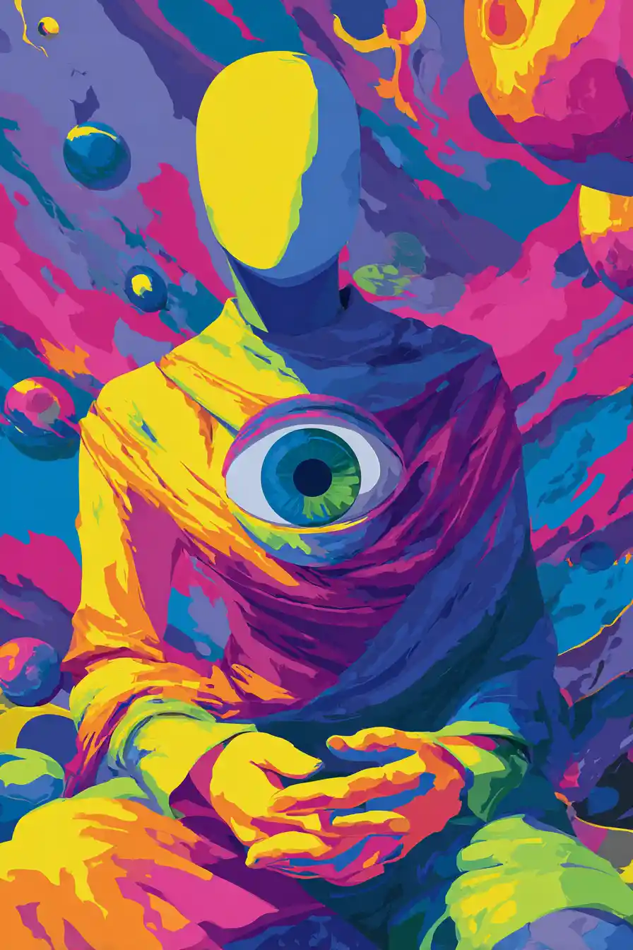 Abstract humanoid figure with central surreal eye motif