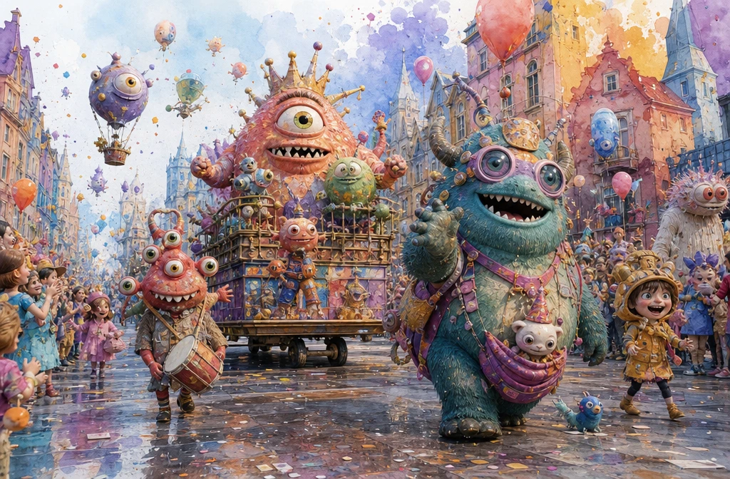 Desfile de monstros lúdicos marchando por coloridas ruas da cidade