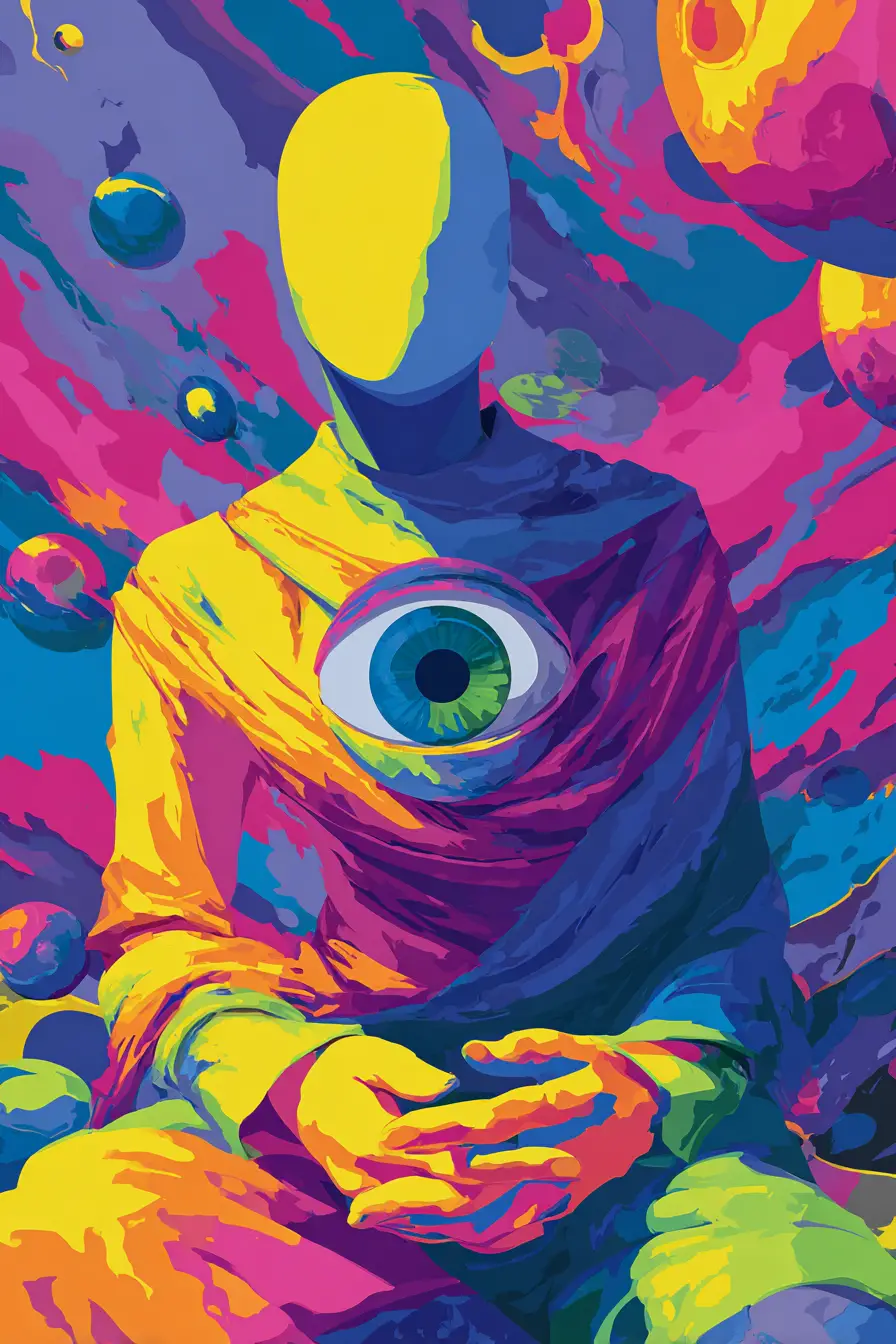 中央有超現實眼睛圖騰的抽象人形